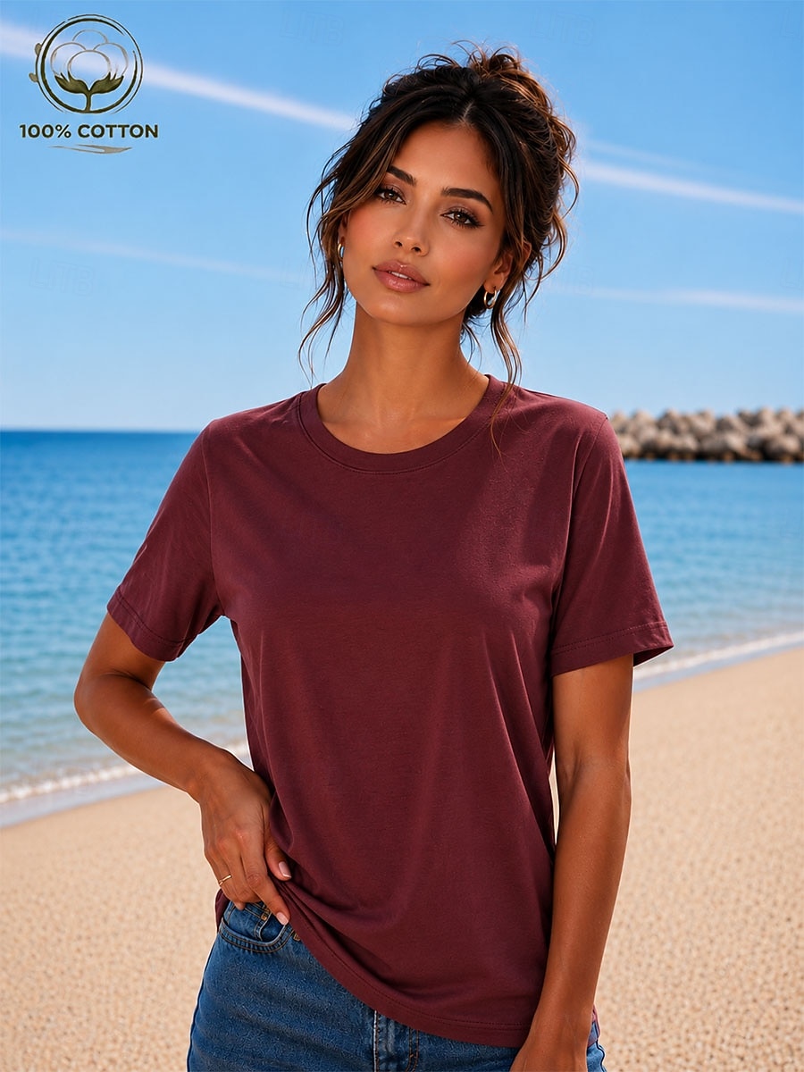 Women's T Shirt Summer Tops Cotton Shirt Tee Top Solid Color Fashion Stylish Basic Short Sleeve Crew Neck Round Neck Regular Tops Casual Daily Beach Blue Khaki Indigo Green with beige Black Summer 2026 - $19.99 –P20