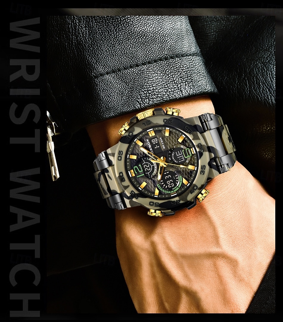 Foxbox heren militair sporthorloge, camouflage tactisch 50m waterdicht analoog digitaal horloge met dubbele display, quartz uurwerk, alarm, chronograaf en datumweergave, robuust outdoor polshorloge 2026 - $33.99 –P3