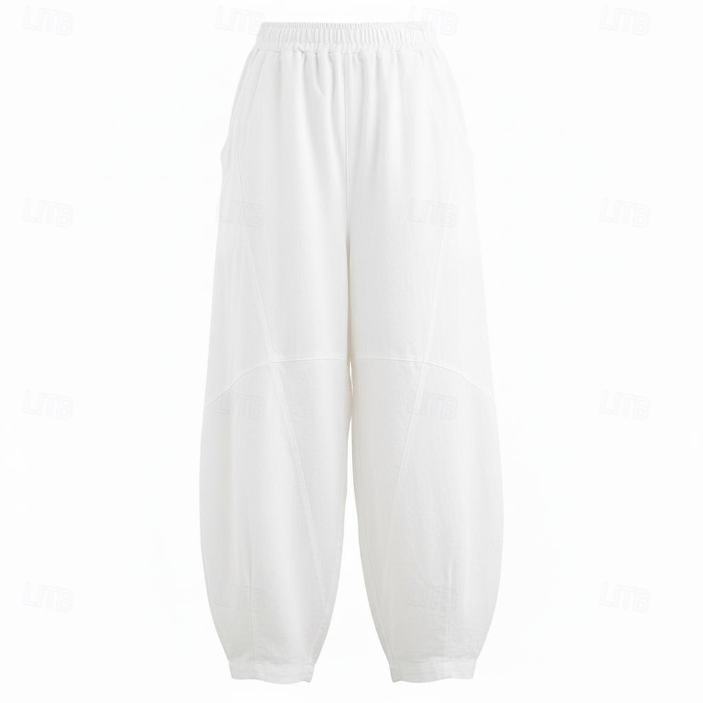 Pantalones bombachos de lino para mujer, cintura media, largo completo, bolsillo, cintura elástica, vacaciones, azul arroz 2026 - $49.99 –P19