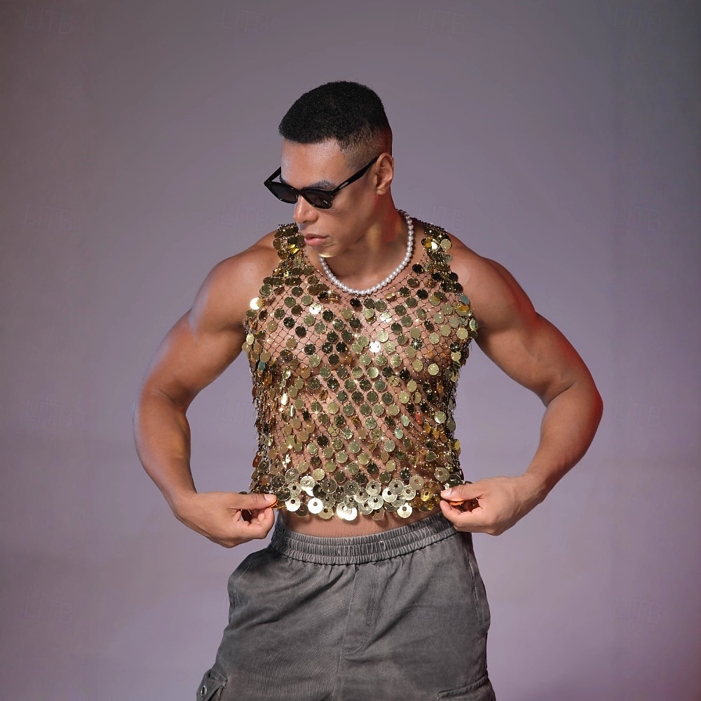 Retro Antiguo Disco Años 80 Top tank Sin Mangas Disco Lentejuelas Metálico Brillante Camiseta con cuello redondo Disfraz Hombre Víspera de Todos los Santos Carnaval Fiesta Club nocturno Adulto 2026 - $37.99 –P2