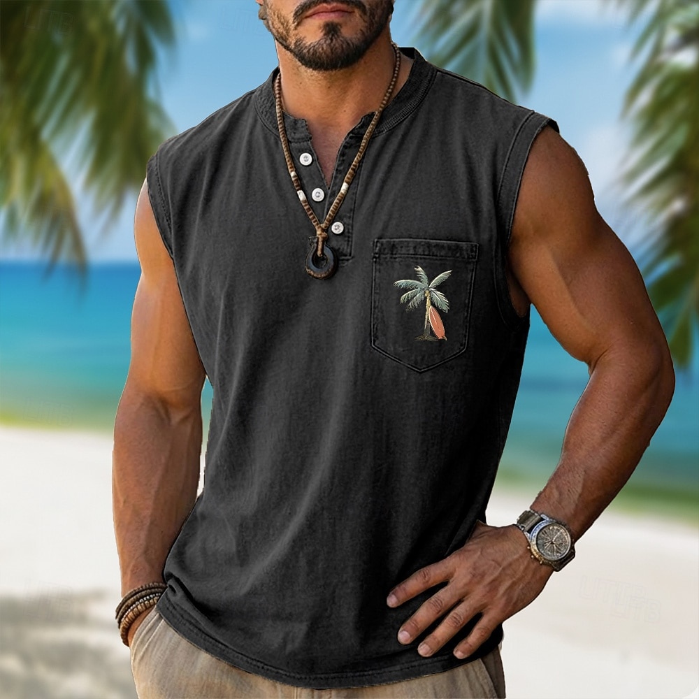 Men's 100% Cotton Acid Wash Shirt Sleeveless Shirt Sleeveless Henley Summer Solid Color Ocean Coconut Casual Garment Dyed Faded Vintage Washed Casual Daily Streetwear Blue Black Purple Top Tee for Men 2026 - $30.99 –P3