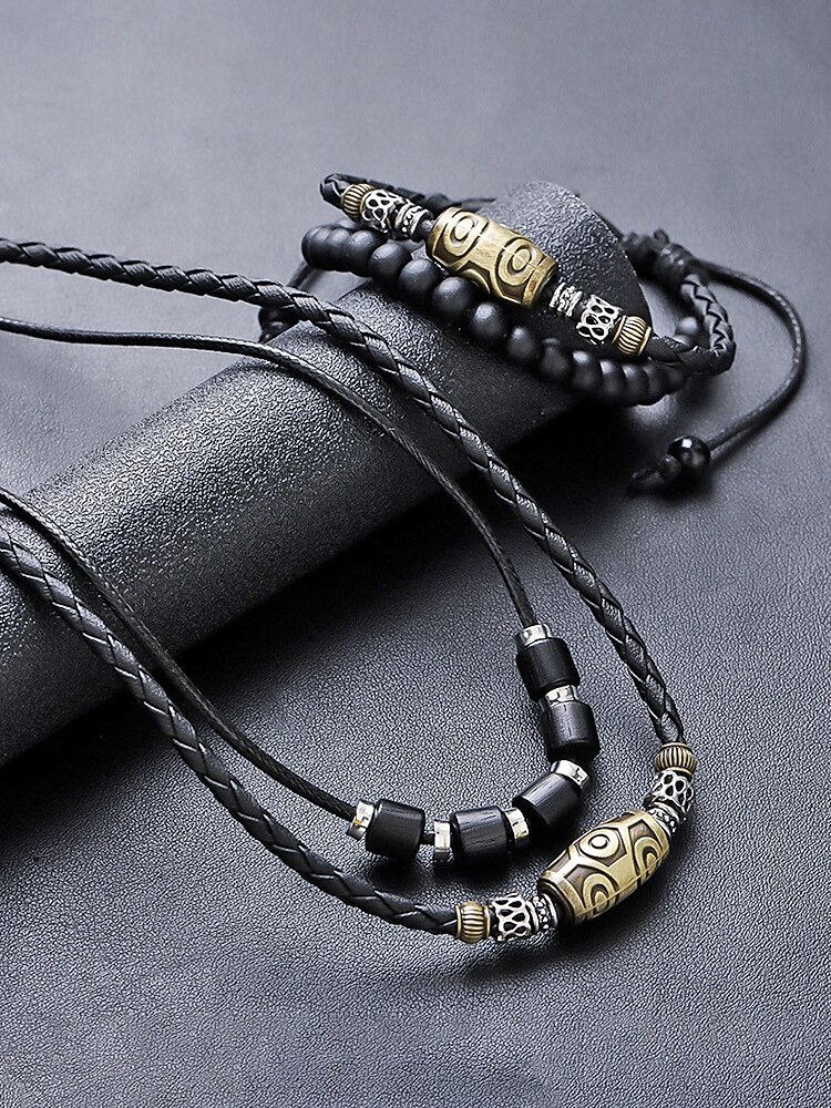 Men's Bohemian Necklace and Bracelet Set, Black Leather Beaded Jewelry, Antique Metal Accents, Summer Casual Accessory for Men, Perfect for Vacation, Festival, Daily Wear, Multiple Uses 2026 - $14.99 –P6