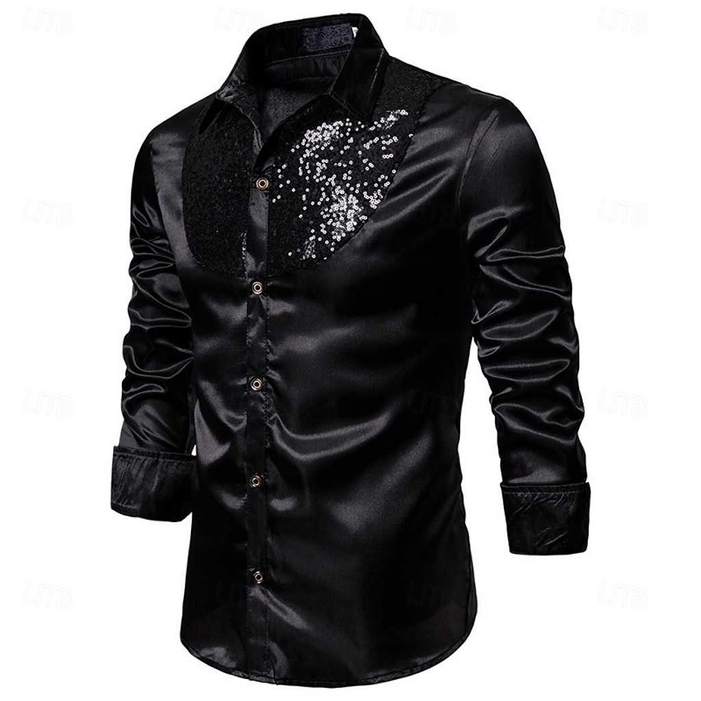 Men's Shirt Satin Shirt Dress Shirt Casual Shirt Solid Color Outdoor Work Black White Red Navy Blue Long Sleeve Turndown Summer Spring Clothing Apparel Sequins 2026 - $26.99 –P11
