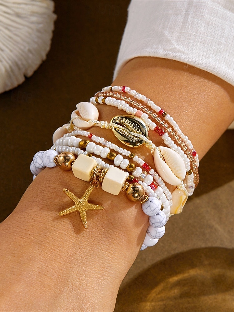 Conjunto de pulseiras femininas boho em camadas com 8 peças, pingente de estrela-do-mar e concha, em liga dourada, multifilamento, perfeitas para usar na praia, férias de verão e viagens. de 2026 por $11.99 –P2