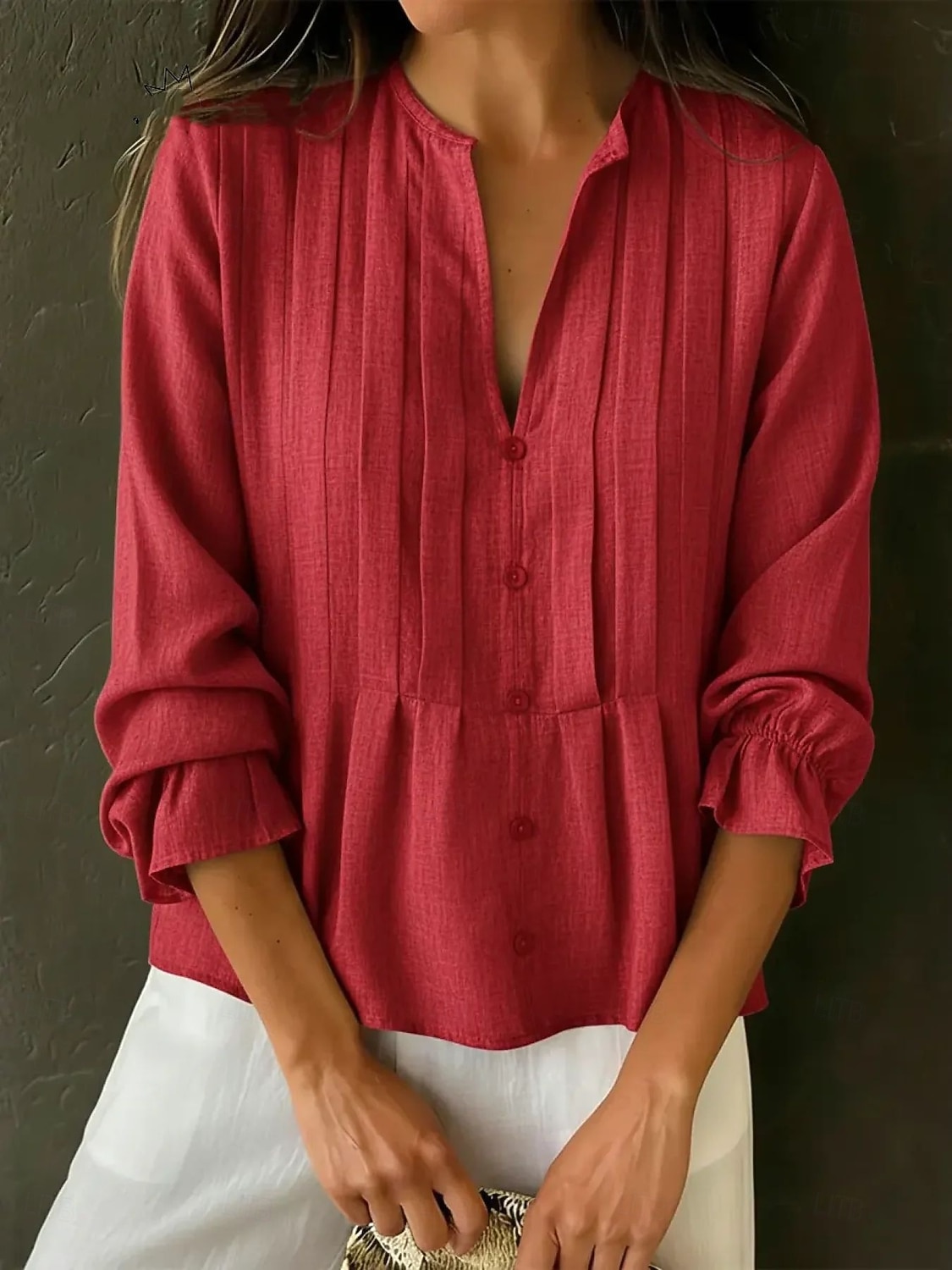 Women's Shirt Blouse Ruched Solid Color Plain Elegant Fashion Daily Long Sleeve Bell Sleeve V Neck Long Tops Casual Daily Red Sky Blue khaki Summer Spring 2026 - $31.99 –P4