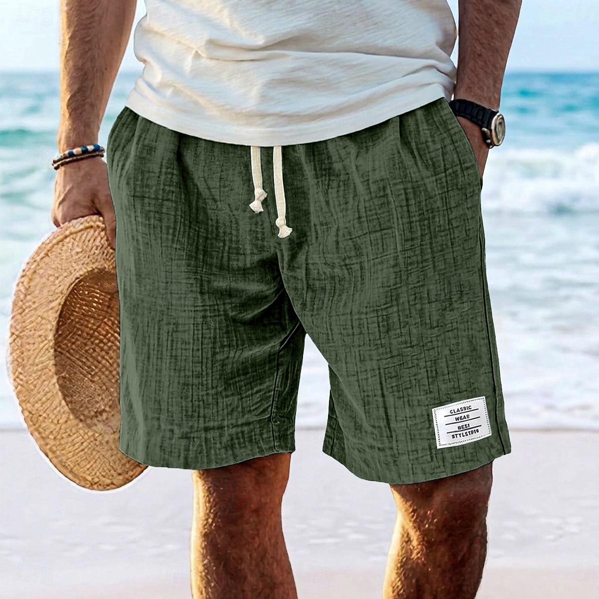 Hombre Pantalón corto Pantalones cortos de verano Pantalones cortos de playa Pantalones cortos casuales Correa Cintura elástica Color sólido Con Texturas Comodidad Transpirable Longitud de la rodilla 2026 - $25.99 –P10
