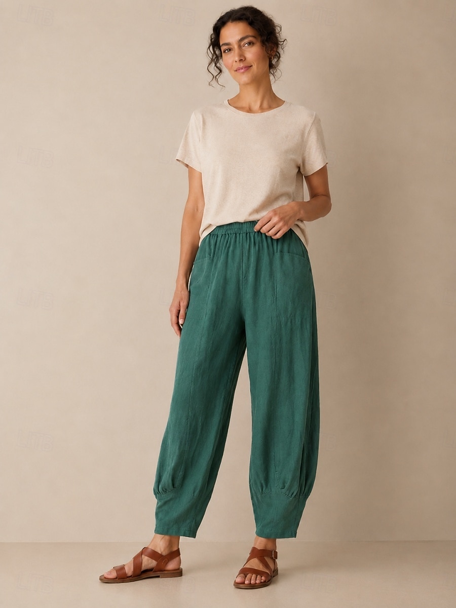 Pantalon large en lin pour femme, taille mi-haute, poches pleine longueur, ceinture élastique, couleur bordeaux et bleu azur, idéal pour les vacances de 2026 ? $49.99 –P3