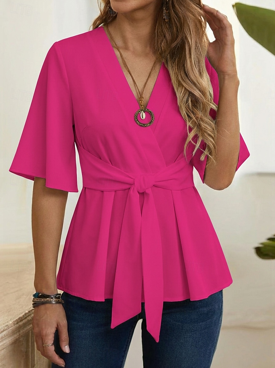Per donna Camicia Nodo frontale Volant Semplice Elegante Quotidiano Mezza Manica Manica a Palloncino Scollo a V Top lunghi Casuale All'aperto Blu Nero Bianco Arancione Rosa Estate Primavera del 2026 a $27.99 –P5
