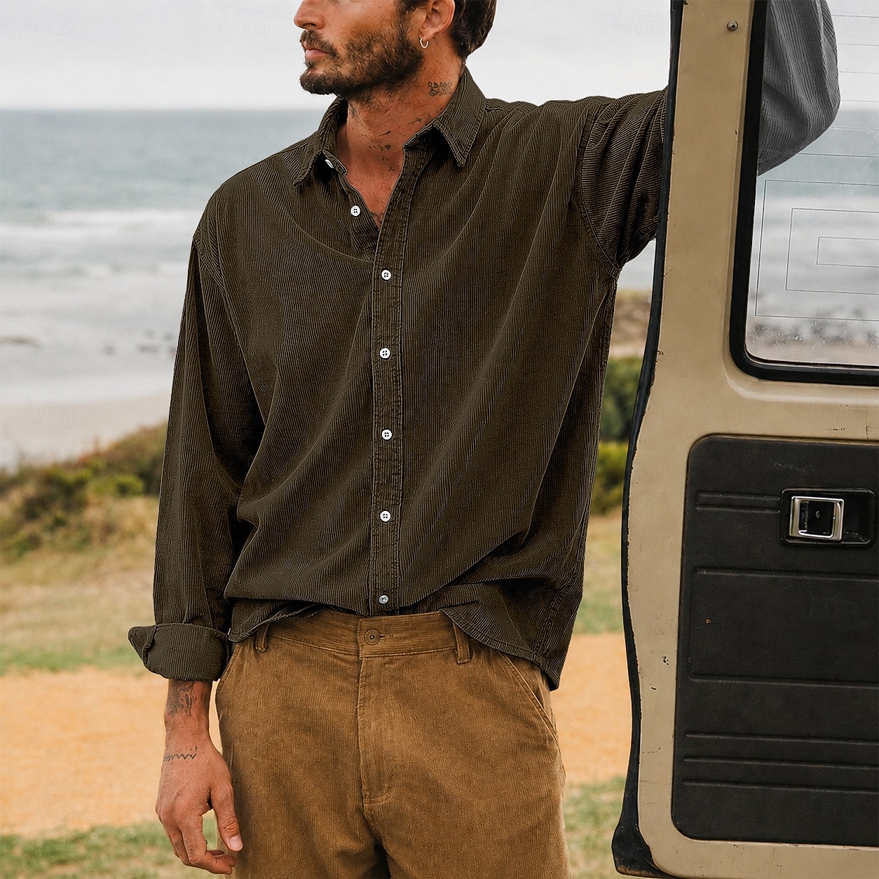 Men Shirt Casual Shirt Corduroy Shirt Button Up Shirt White Dark Brown Black Navy Blue Purple Long Sleeve Plain Shirt Collar Casual Daily Plain Clothing Apparel Elegant Fashion Casual 2026 - $29.99 –P7