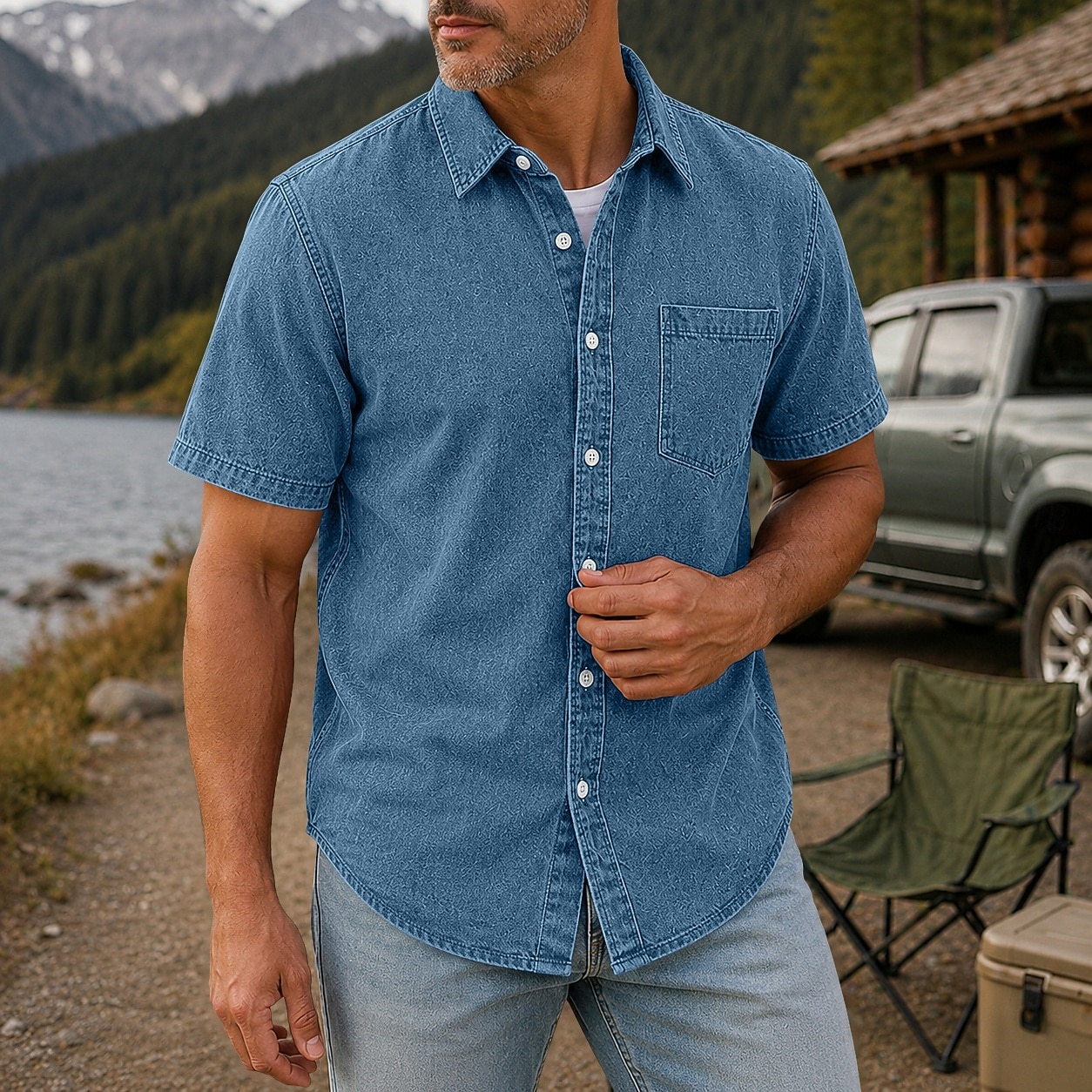 SoftFade™ Men Shirt Casual Shirt Demin Shirt Acid Wash Shirt Garment Dyed Black Light Green Burgundy Navy Blue Purple Short Sleeve Plain Shirt Collar Casual Daily Button-Down Clothing 2026 - $31.99 –P11