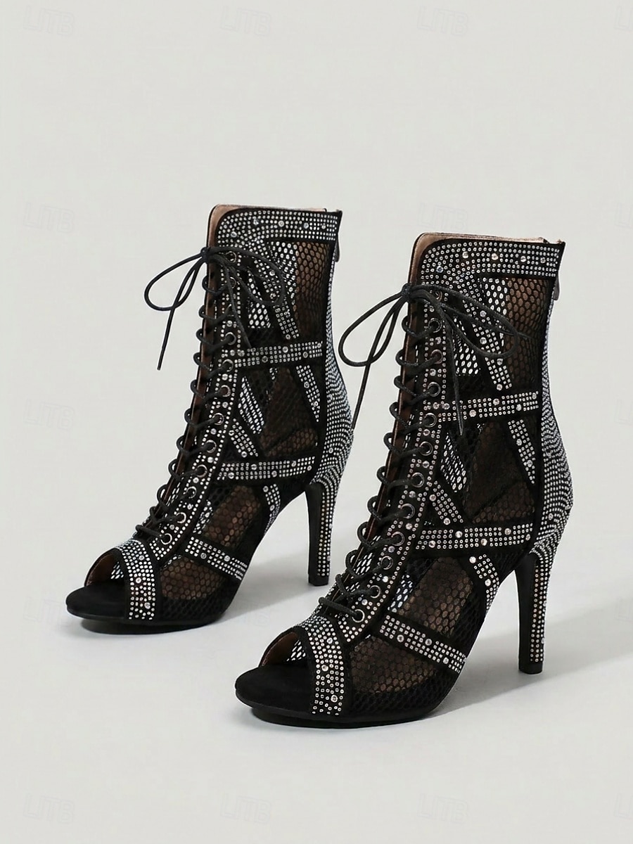 Women's Black Sparkle Rhinestone Ballroom Dance Boots – Black Mesh Latin Dance Heels with Lace-Up Design & Back Zipper for Salsa, Tango, Bachata & Stage Performance 2026 - $79.99 –P2