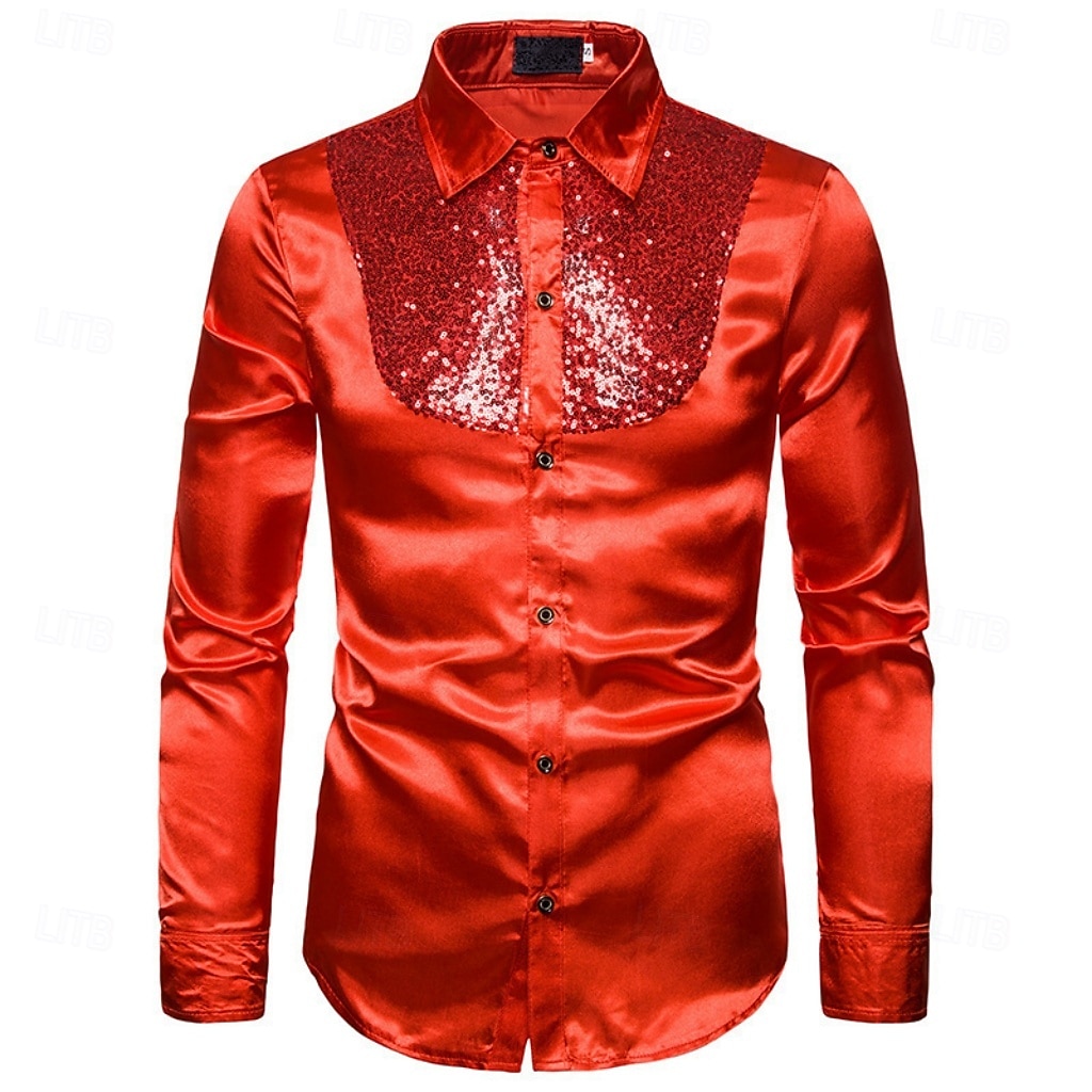 Men's Shirt Satin Shirt Dress Shirt Casual Shirt Solid Color Outdoor Work Black White Red Navy Blue Long Sleeve Turndown Summer Spring Clothing Apparel Sequins 2026 - $26.99 –P9