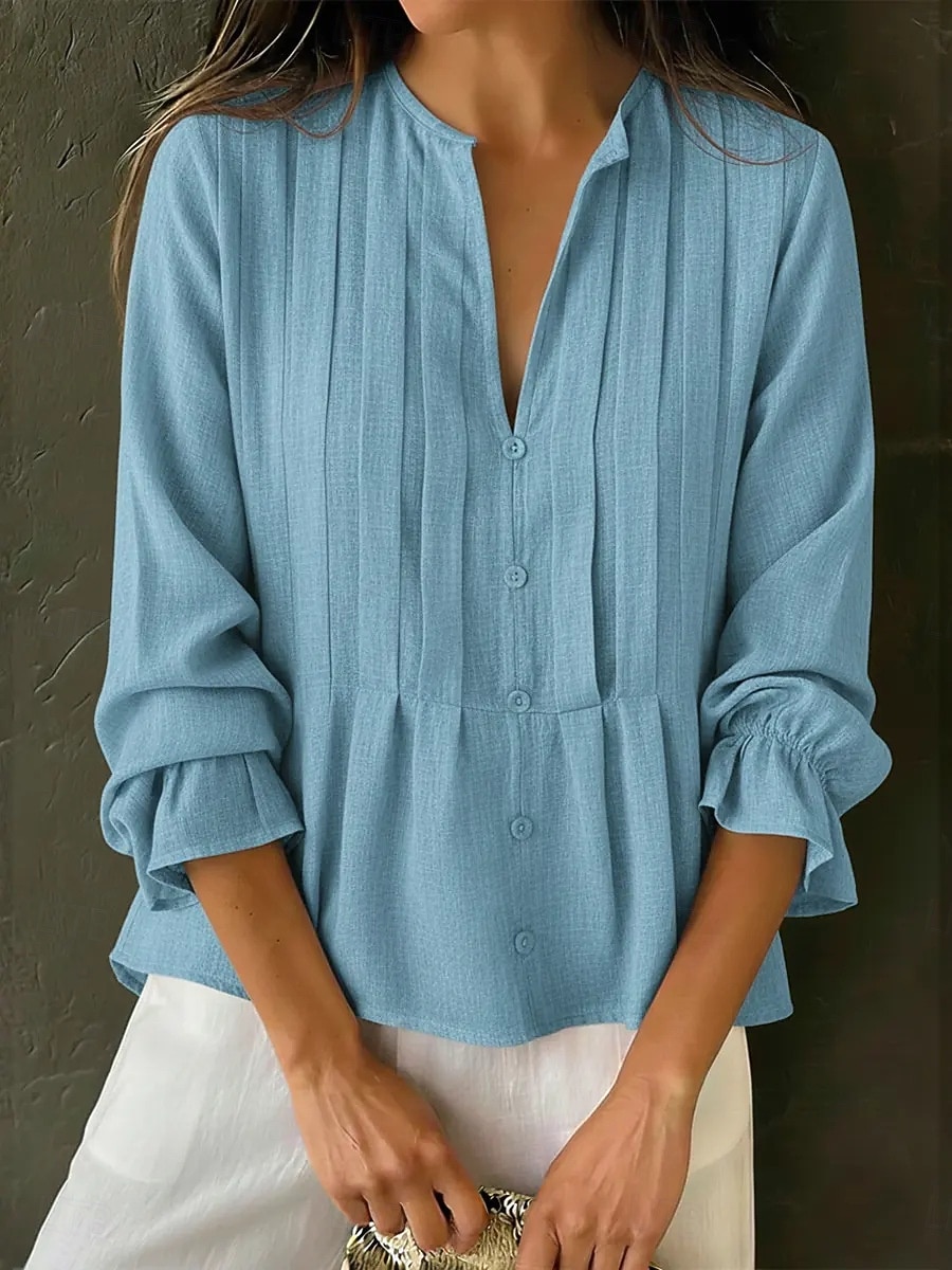 Women's Shirt Blouse Ruched Solid Color Plain Elegant Fashion Daily Long Sleeve Bell Sleeve V Neck Long Tops Casual Daily Red Sky Blue khaki Summer Spring 2026 - $31.99 –P3