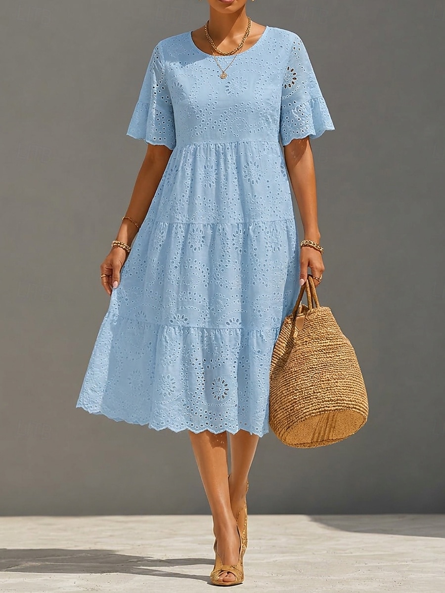 Per donna Abito Midi Abito in Pizzo Abito a trapezio Casual Quotidiano Uscire Vestibilità regolare Semplice Manica Corta Girocollo Bianco Giallo Rosa Azzurro cielo Estate Primavera del 2026 a $41.99 –P3