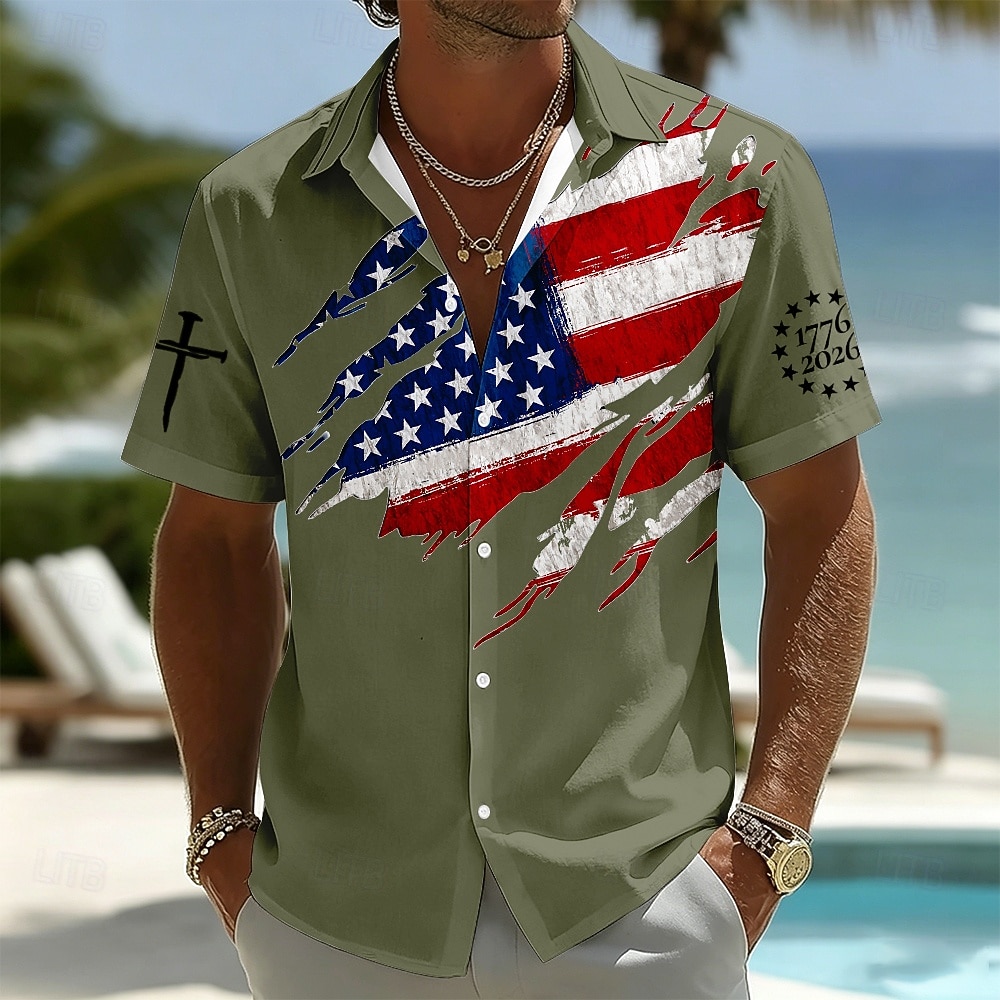 Camicia a maniche corte Button Down Patriottica con Bandiera Americana 250° Anniversario Uomini 1776 2026 Top Estivo per Vacanze del 2026 a $25.99 –P5