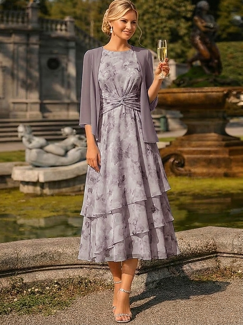 Two Piece A-Line Tea Length Wedding Guest Dress Mother of the Bride Dress Sleeveless 3/4 Length Sleeve Crew Neck Elegant Simple Minimalist Formal Semi Formal Chiffon Jacquard with Floral Print Ruched 2026 - $182.99 –P14