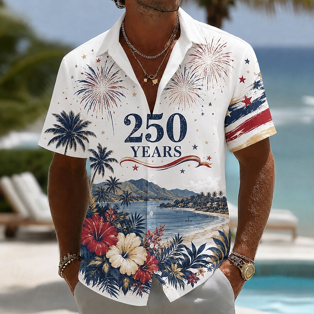 Camisa Masculina de Botão com Estampa Patriótica da Bandeira Americana 1776 2026 Manga Curta Top de Verão para Férias de 2026 por $25.99 –P1