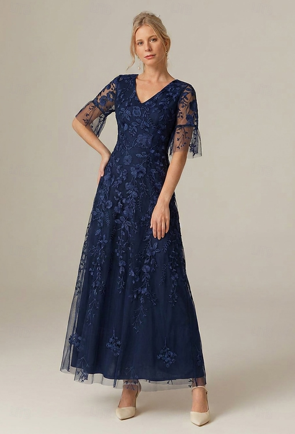 A-Line Dress Ankle Length Party Dress Cocktail Dress Wedding Guest Dress Mother of the Bride Dress Short Sleeve V Neck Elegant Vintage Formal Tulle with Embroidery Appliques Flower 2026 - $195.99 –P12
