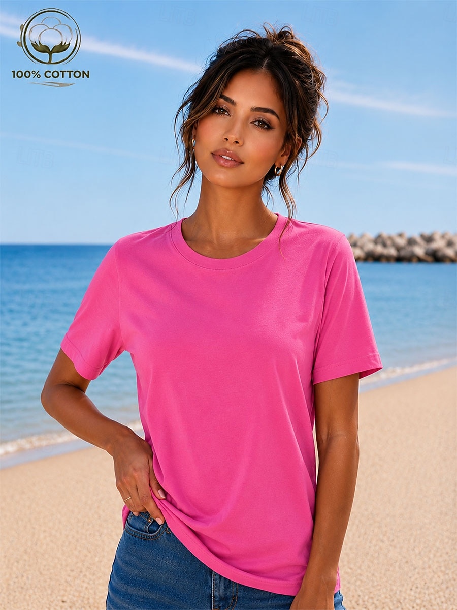 Women's T Shirt Summer Tops Cotton Shirt Tee Top Solid Color Fashion Stylish Basic Short Sleeve Crew Neck Round Neck Regular Tops Casual Daily Beach Blue Khaki Indigo Green with beige Black Summer 2026 - $19.99 –P12