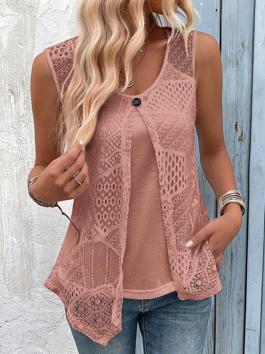 Mulheres Malha Íntima Renda Tecido à moda Casual Sem Manga Gola Redonda Tops regulares Casual Diário Branco Rosa Rosa empoeirada Verão Primavera de 2026 por $24.99 –P4
