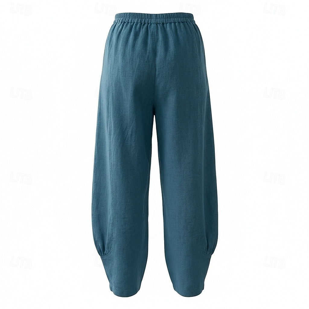 Pantalon large en lin pour femme, taille mi-haute, poches pleine longueur, ceinture élastique, couleur bordeaux et bleu azur, idéal pour les vacances de 2026 ? $49.99 –P12