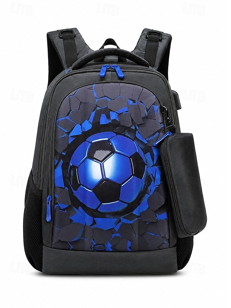 Ensemble sac à dos de football pour garçon, sac d'école imperméable en polyester avec trousse, grand sac à dos à compartiments multiples, imprimé football bleu et noir pour l'école, les voyages, le de 2026 ? $46.99 –P2