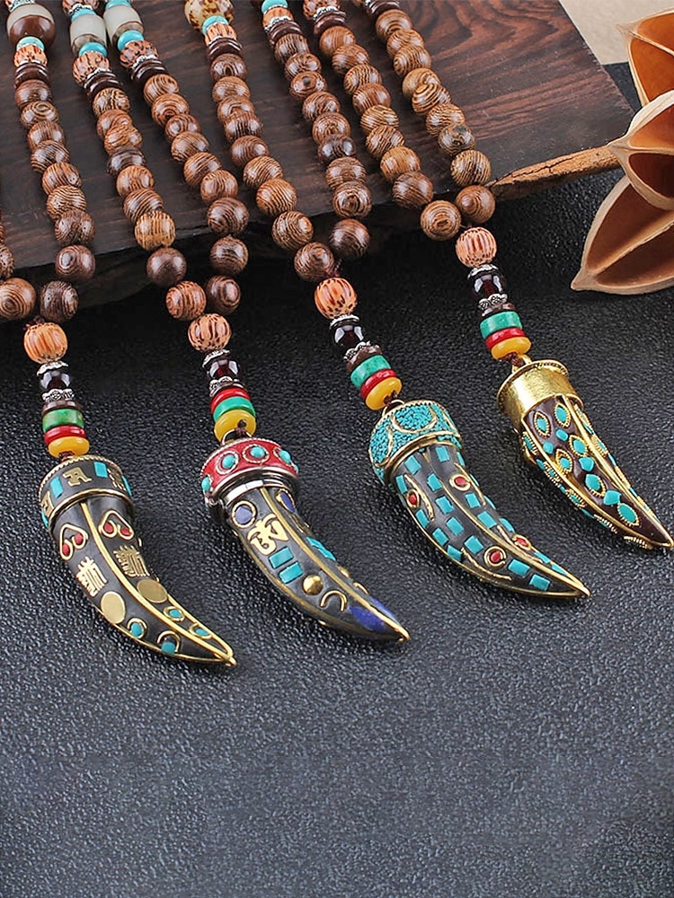 Collar con colgante de cuerno en forma de media luna de estilo bohemio para hombre, cadena larga de cuentas de madera, aleación étnica tribal. &Collar llamativo de cuentas de madera, joyería vintage 2026 - $11.99 –P4