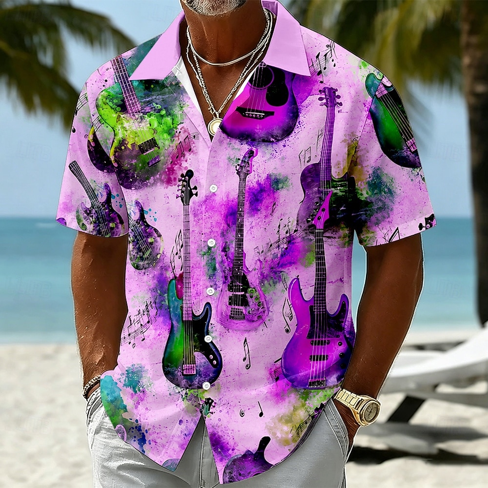 Men's Guitar Musical Instrument Shirt Summer Shirt Button Up Shirt Short Sleeve Vintage Retro Outdoor Beach Vacation Wear Summer Spring Turndown 3D Print Button Up Shirts Blue Yellow Purple Green 2026 - $25.99 –P3