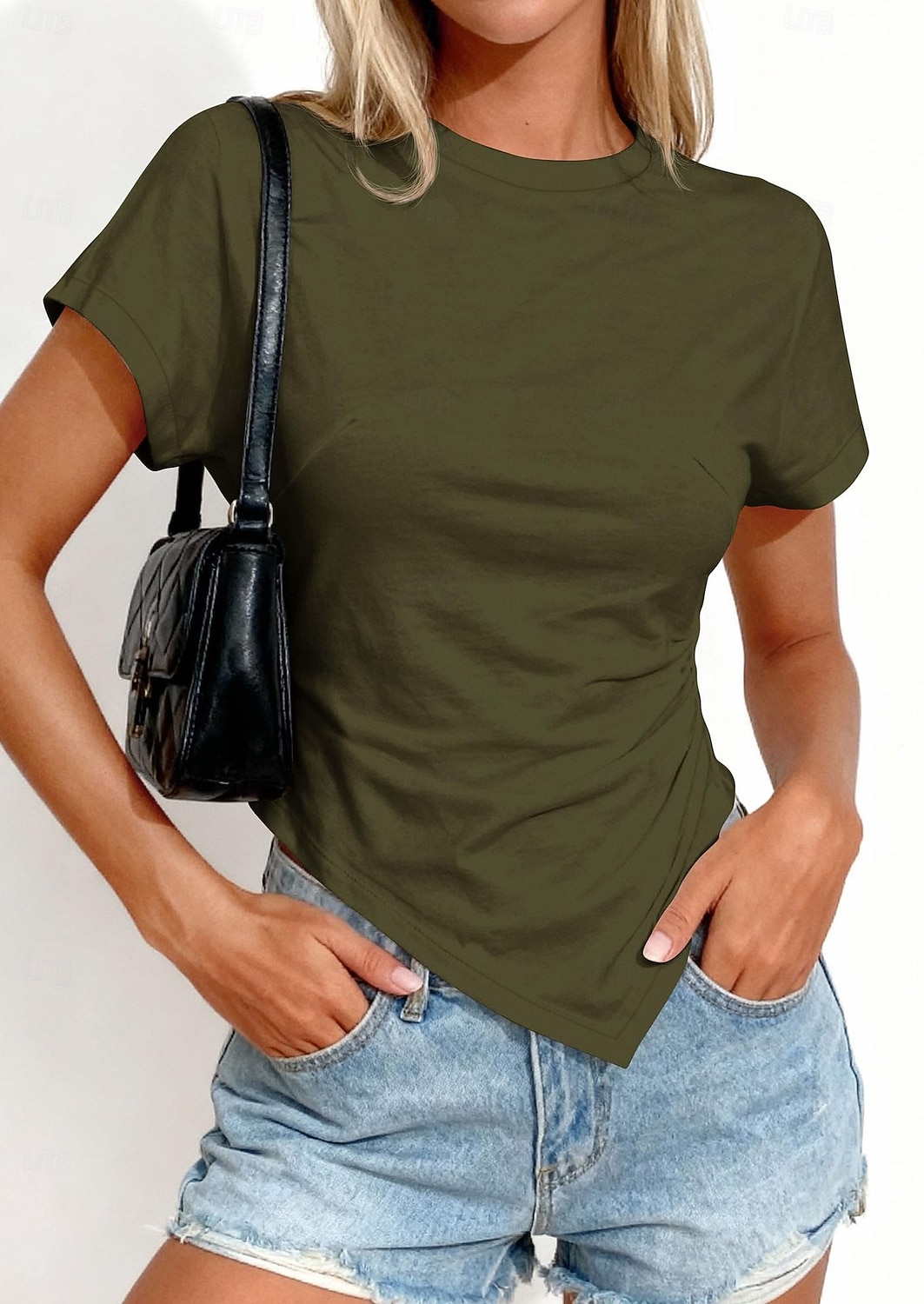 Mulheres Camisa Social Blusa Franzido Côr Sólida Roupa de rua Diário Manga Curta Gola Redonda Tops curtos Casual Azul Claro Preto Branco Rosa Marron Verão Primavera de 2026 por $22.99 –P5