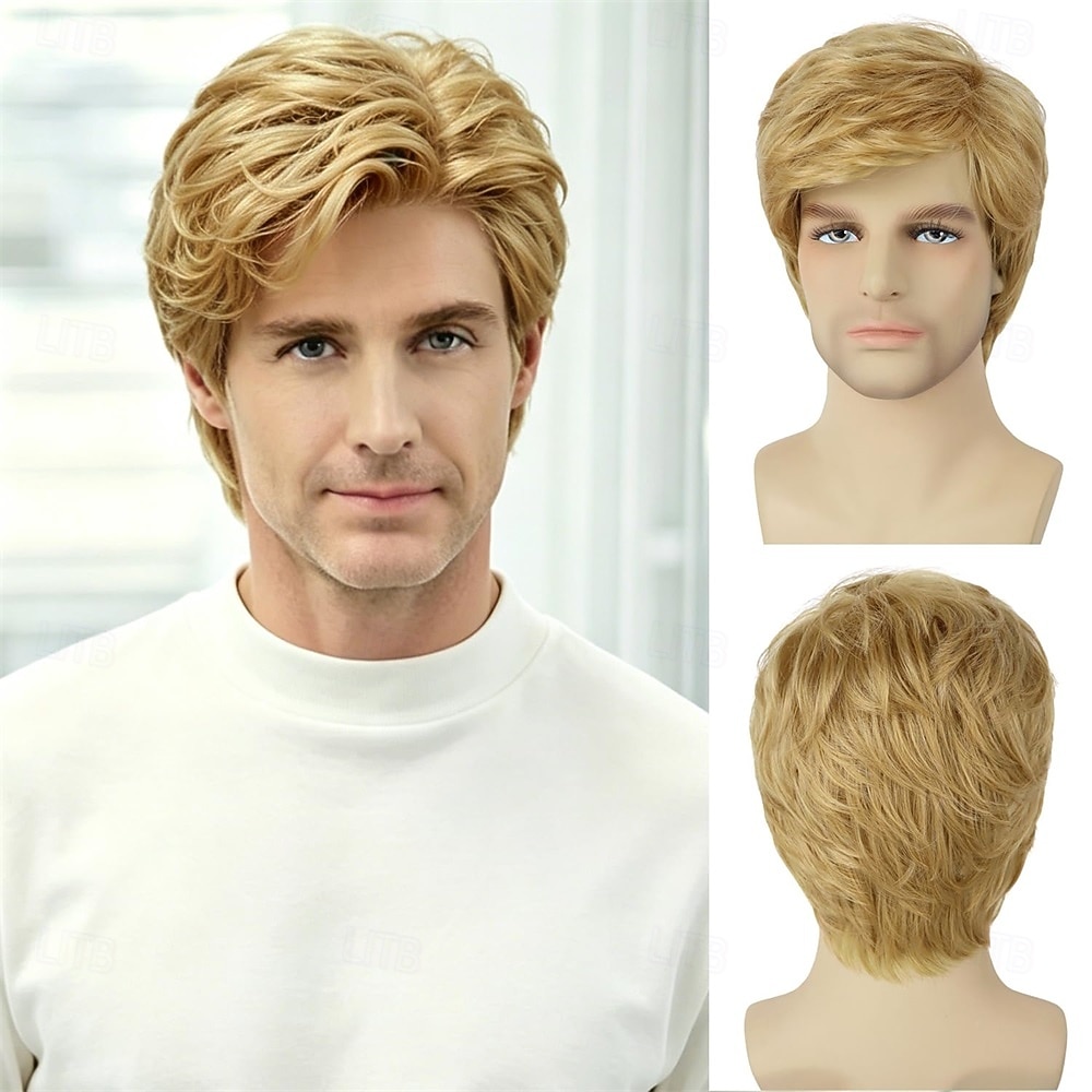 Kurze, blonde, gestufte Herrenperücke mit natürlichen Wellen, hitzebeständig, aus Synthetik – ideal für Männer, lustige Perücken für Alltag, Partys, Kostüme, Cosplay und Halloween. 2026 - $29.99 –P1