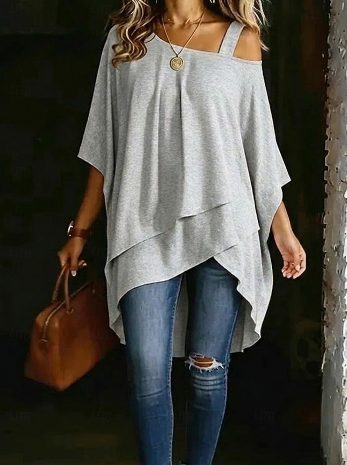 Per donna Maglietta Orlo asimmetrico Elegante Casual Manica Corta Manica a pipistrello Monospalla Top lunghi Quotidiano Uscire Abbigliamento da vacanza Bianco Nero Blu marino Azzurro Estate Primavera del 2026 a $25.99 –P6