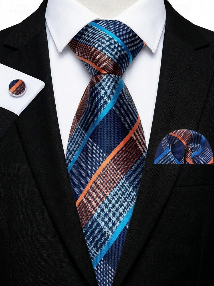 Krawatten-, Einstecktuch- und Manschettenknopfset für Herren, mehrfarbig gemustertes Polyester-Krawattenset für Hochzeiten, Business-Anlässe, formelle Anlässe und Abendgarderobe 2026 - $14.99 –P6