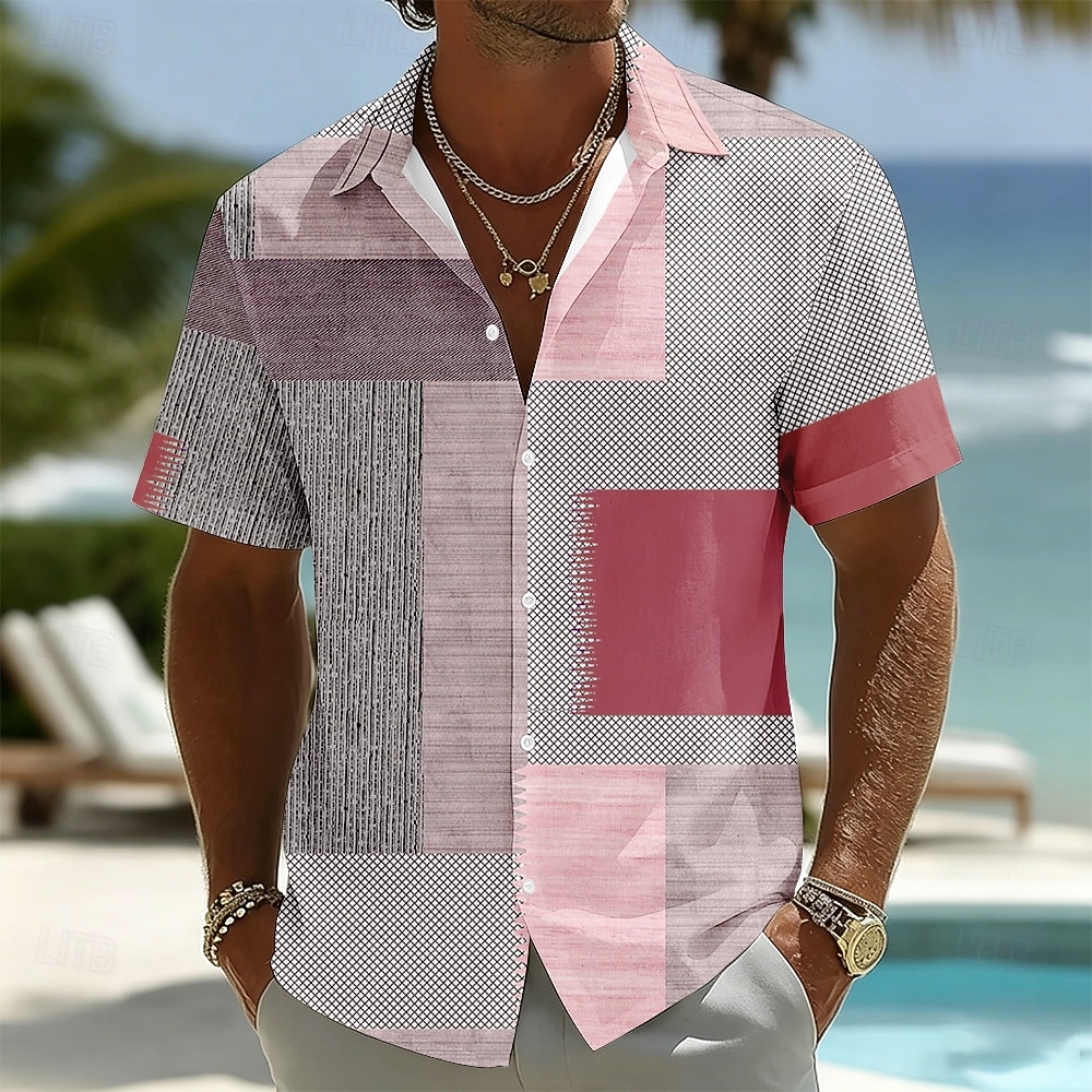 Per uomo Geometrico Plaid Color-blocking Camicia Camicia con Bottoni Manica Corta Moda Casual Quotidiano Vacanza al Mare Estate Primavera Collo ripiegato Stampa 3D Camicia tipo lino Blu Rosa Rosso del 2026 a $25.99 –P4