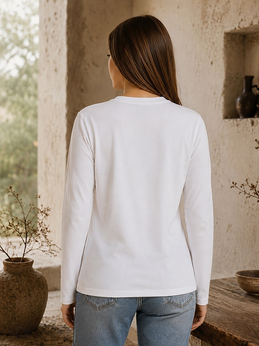 Tricouri de damă din bumbac 100% - tricou de calitate, cu mânecă lungă și guler rotund 2026 - $21.99 –P8