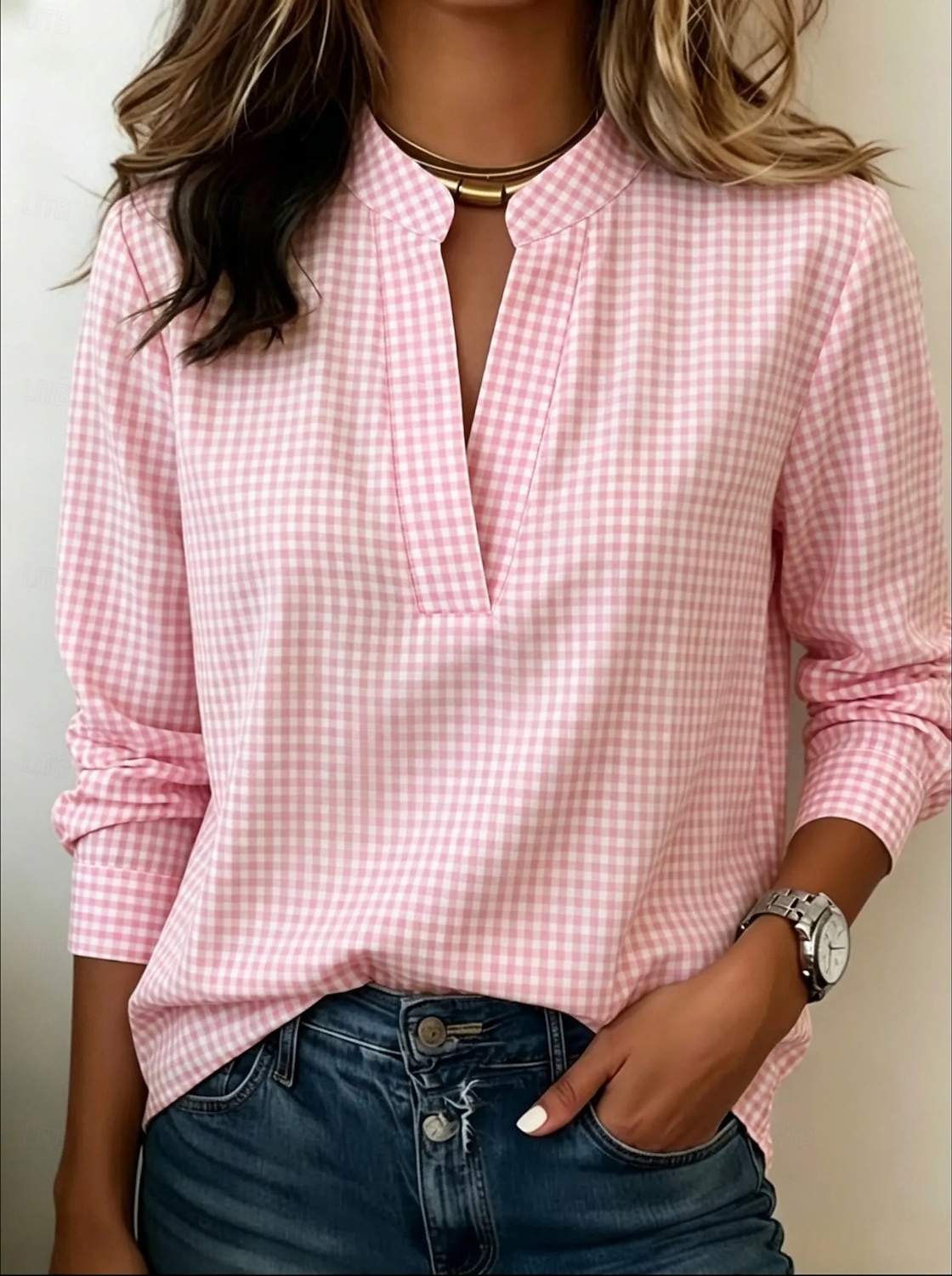Per donna Camicia Grafico Plaid Vintage Elegante Manica Lunga Collo a V Top Regolari Casuale Quotidiano Ferie Blu Giallo Rosa Estate Primavera del 2026 a $31.99 –P1