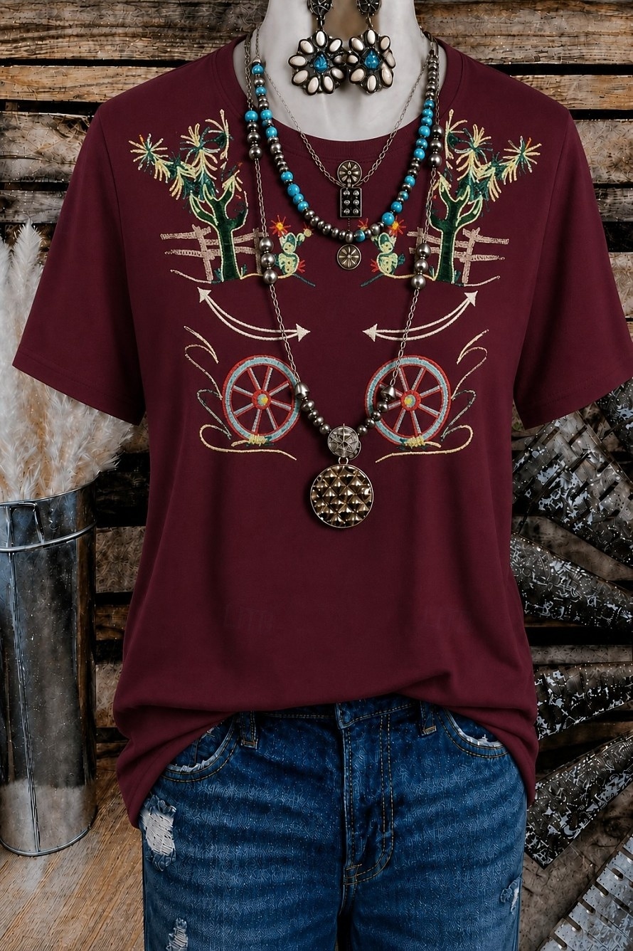 γυναικείο μπλουζάκι western boho με εκτύπωση φλοράλ γραφικό γεωμετρικό vintage κομψό casual κοντομάνικο στρογγυλή λαιμόκοψη μακριές μπλούζες casual καθημερινό Σαββατοκύριακο μπλε μαύρο κόκκινο πράσινο 2026 - $21.99 –P1