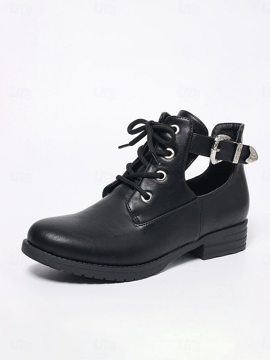 Women's Black Cutout Low Heel Combat Boots – Lace-Up Ankle Boots with Adjustable Side Buckle and Durable Non-Slip Sole for Travel and Casual Wear 2026 - $46.99 –P1