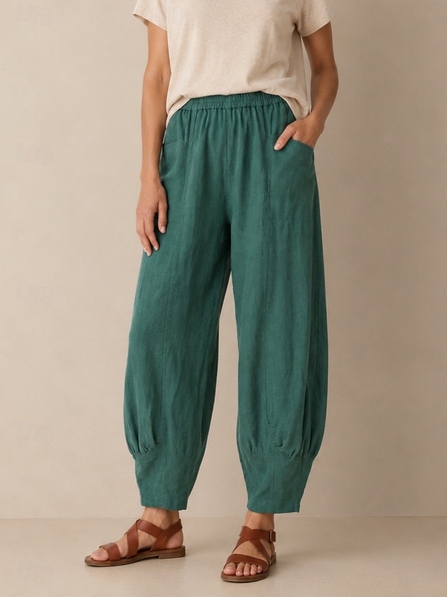 Pantalon large en lin pour femme, taille mi-haute, poches pleine longueur, ceinture élastique, couleur bordeaux et bleu azur, idéal pour les vacances de 2026 ? $49.99 –P1