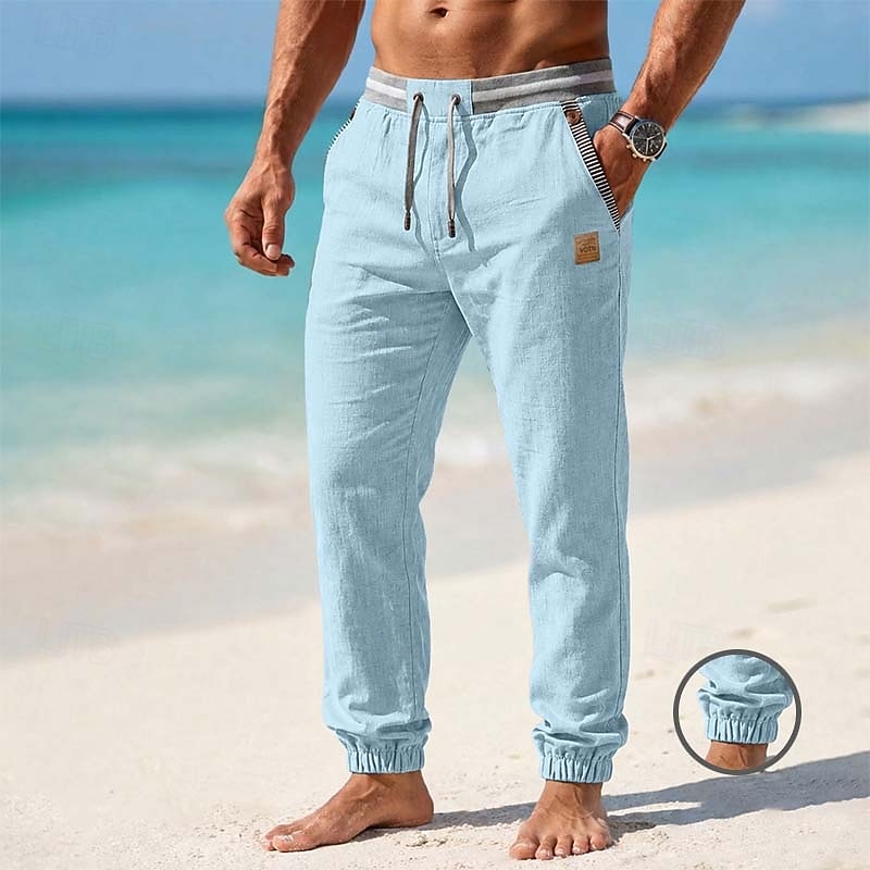 Men's Linen Pants Summer Pants Beach Pants Drawstring Elastic Cuff Plain Comfortable Breathable Full Length Casual Daily Beach Vacation Fashion Khaki Black Inelastic 2026 - $33.99 –P2