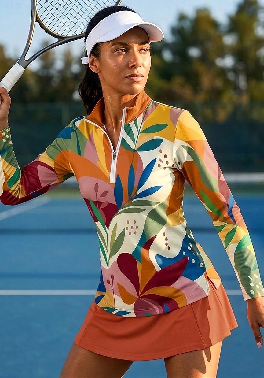 Per donna Geometrico Floreale Top Maglietta sportiva Maglia da tennis Manica Lunga Cerniera Floreale UPF50+ Resistente ai Raggi UV Alta elasticità Traspirante Pallavolo Tennis Golf Colletto Collo Alto del 2026 a $22.99 –P10