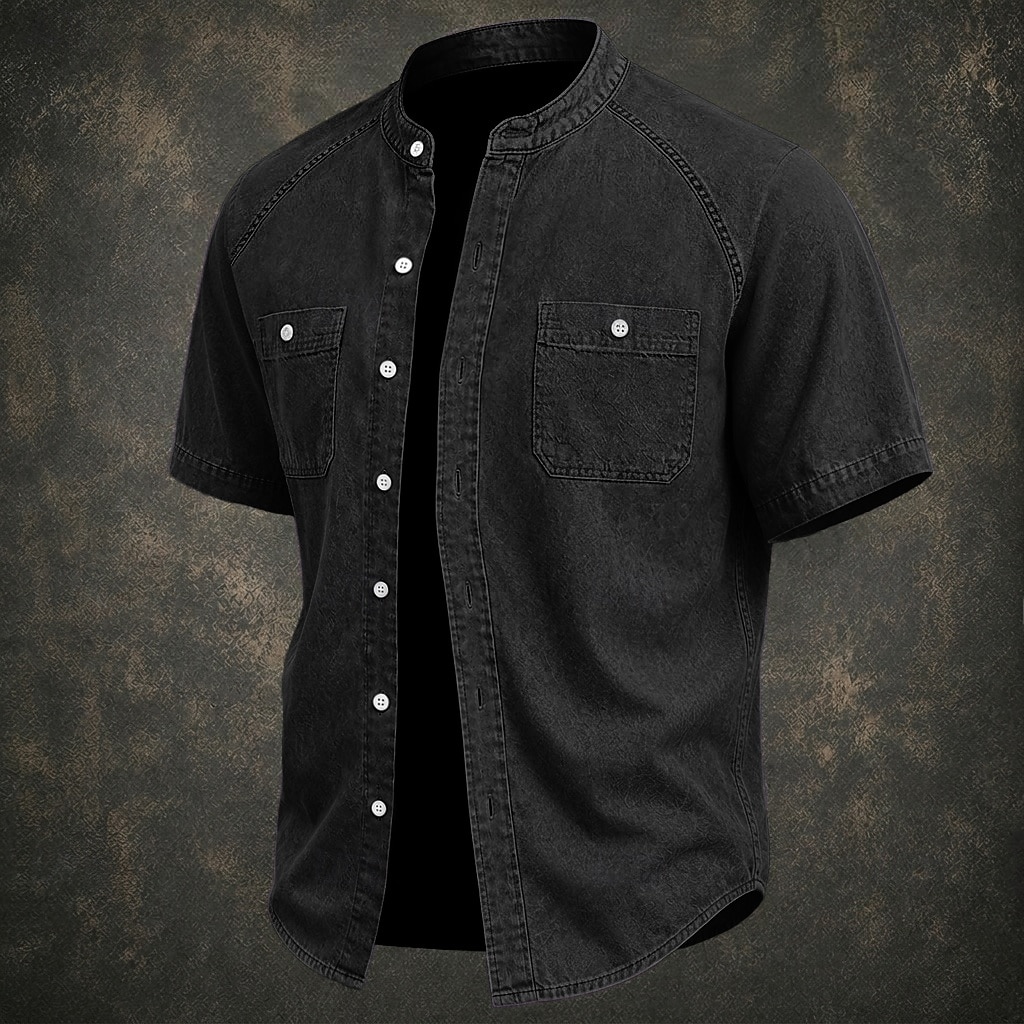 SoftFade™ Men Shirt Casual Shirt Button Up Shirt Cotton Acid Wash Shirt Black Light Green Pink Purple khaki Short Sleeve Plain Grandad Collar Casual Daily Front Pocket Clothing Apparel Elegant Fashion 2026 - $31.99 –P10