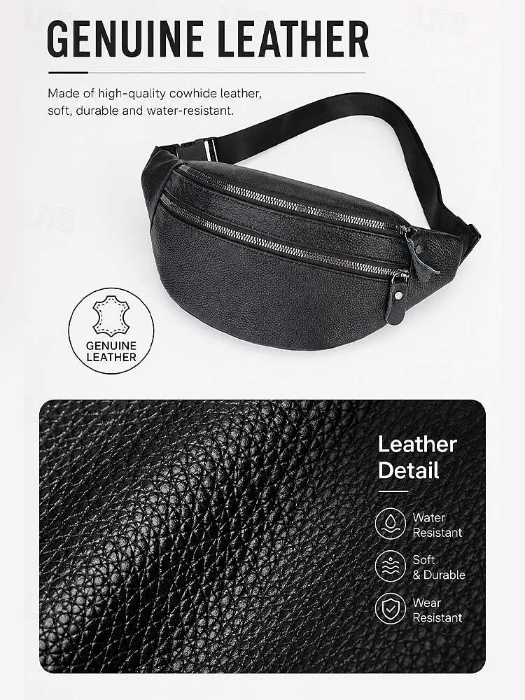 Men's Genuine Leather Waist Bag Chest Bag, Black Coffee Sling Pack, Large Capacity Multi Pocket Crossbody with Adjustable Strap, Wear as Fanny Pack for Travel Daily Use 2026 - $18.99 –P5