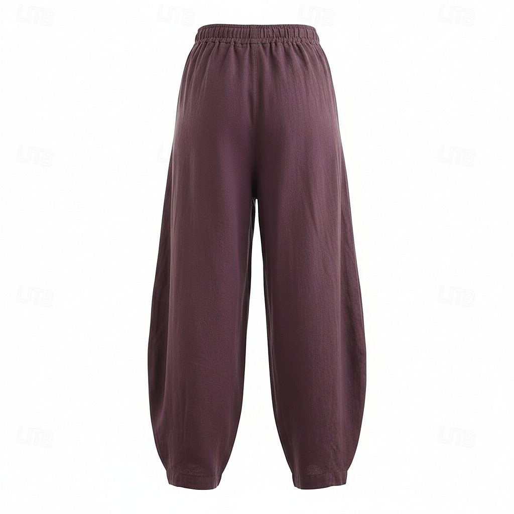 Pantalones bombachos de lino para mujer, cintura media, largo completo, bolsillo, cintura elástica, vacaciones, azul arroz 2026 - $49.99 –P9