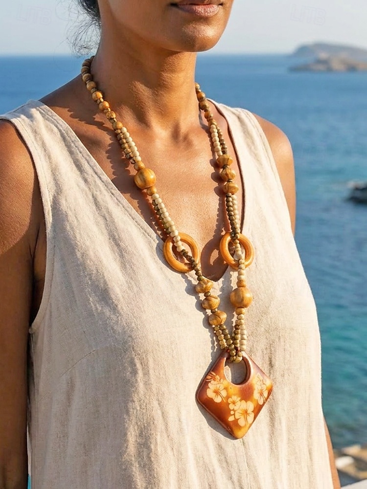Colar feminino boêmio com pingente de madeira, longo, com contas, estilo statement, com pingente de elefante, peixe e flores. Joia artesanal em madeira, ideal para férias, praia, festivais, viagens e de 2026 por $11.99 –P3