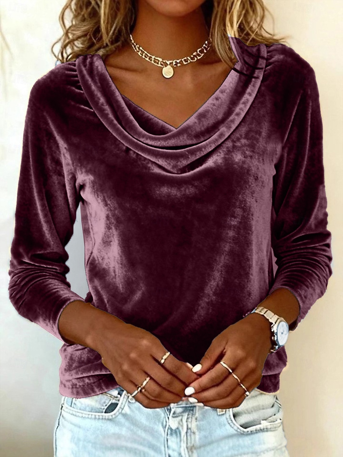 Damesblouse van fluweel met colkraag en lange mouwen, elegante raglanmouwen, zachte velours, casual, chique tuniek. 2026 - $24.99 –P4