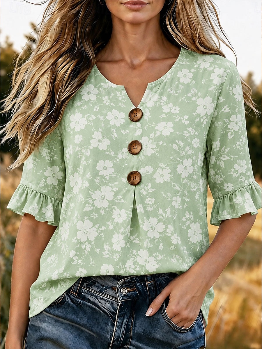 Per donna Camicia Bottoni Stampato Floreale Grafico Vintage Elegante Manica 3/4 Scollo a V Top Regolari Casuale Quotidiano Ferie Rosa Rosso Verde Estate Primavera del 2026 a $29.99 –P2