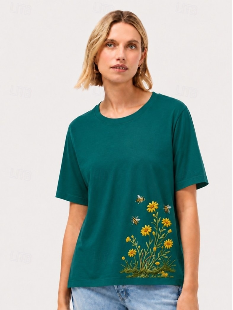 Damen-T-Shirt aus 100 % Baumwolle mit Stickerei, Sommer-Tops mit floralem Pflanzenmuster, elegantem Vintage- und tropischem Design, Kurzarm, Rundhalsausschnitt, langes Oberteil, lässig, für Strand und 2026 - $28.99 –P1