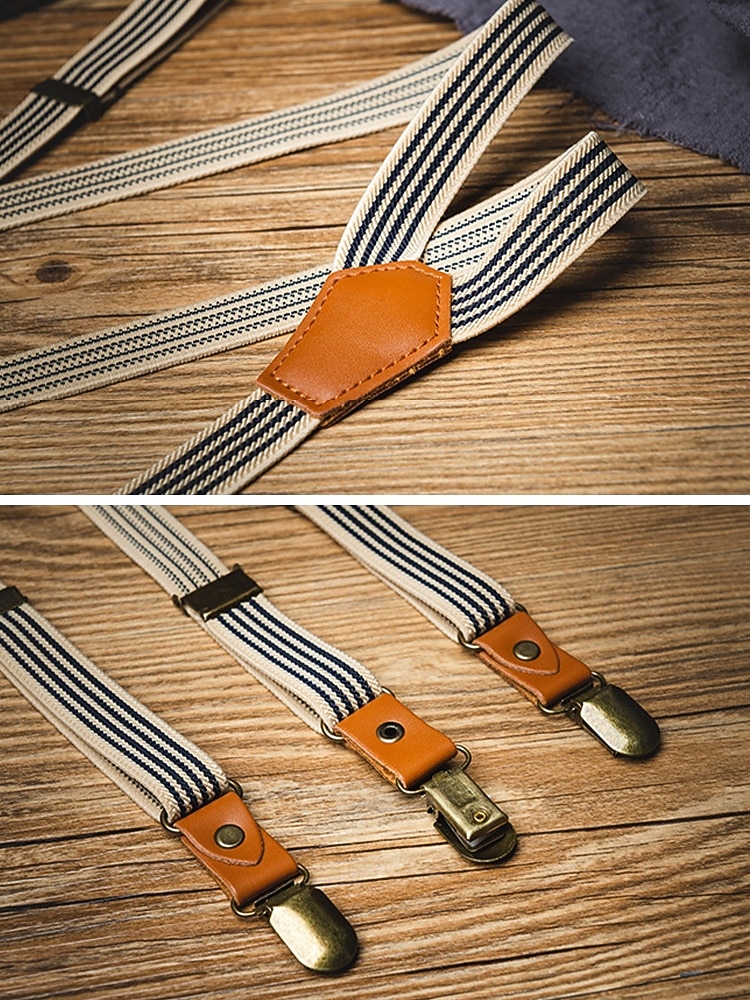 herr vintage randiga elastiska hängslen justerbara polyesterhängslen med läderflikar, klassiska y-formade hängslen för business casual, bröllop, resor, retro gentlemanstil 2026 - $14.99 –P4