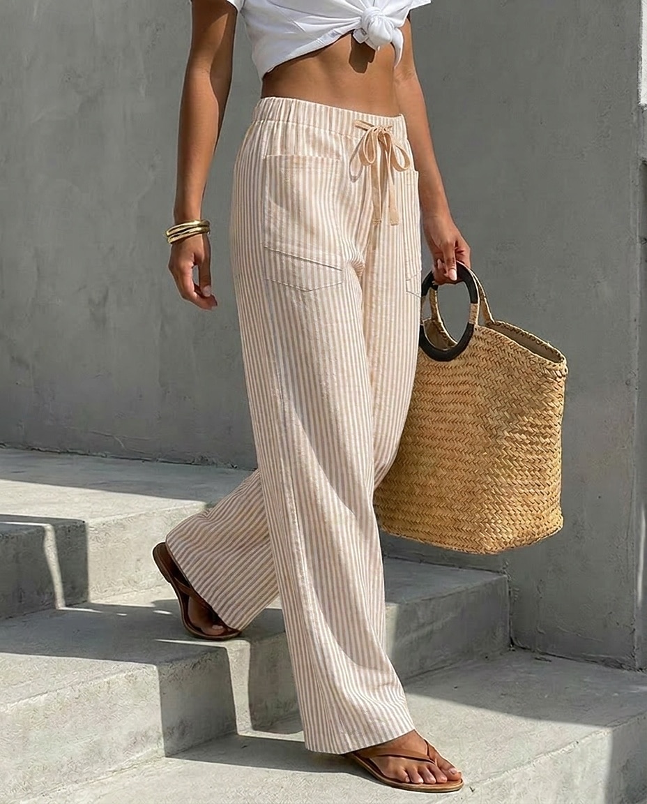 Women's Wide Leg Chinos Vacation Fashion Casual Daily Full Length Mid Waist Striped Comfort Inelastic Vacation Formal Blue Black Almond Red Summer Spring Loose Fit 2026 - $32.99 –P2