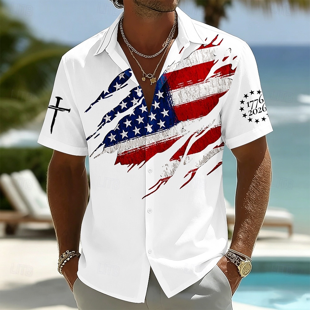 Camicia a maniche corte Button Down Patriottica con Bandiera Americana 250° Anniversario Uomini 1776 2026 Top Estivo per Vacanze del 2026 a $25.99 –P1